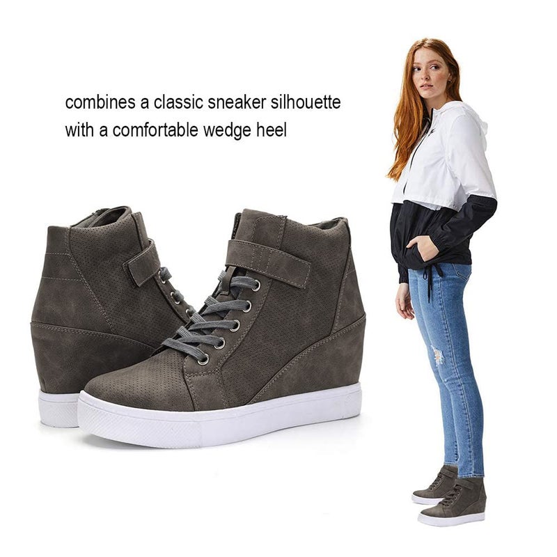 Athlefit Women's Lace Up Wedge Sneakers High Top Fashion Sneakers Ankle Booties Size 7 Grey - Image 2